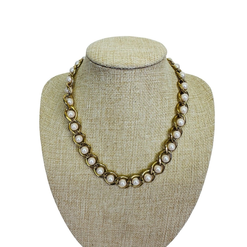 Vintage Gold‎ Tone Chunky Heavy Gold Link w/Faux Pearl 16"  Necklace